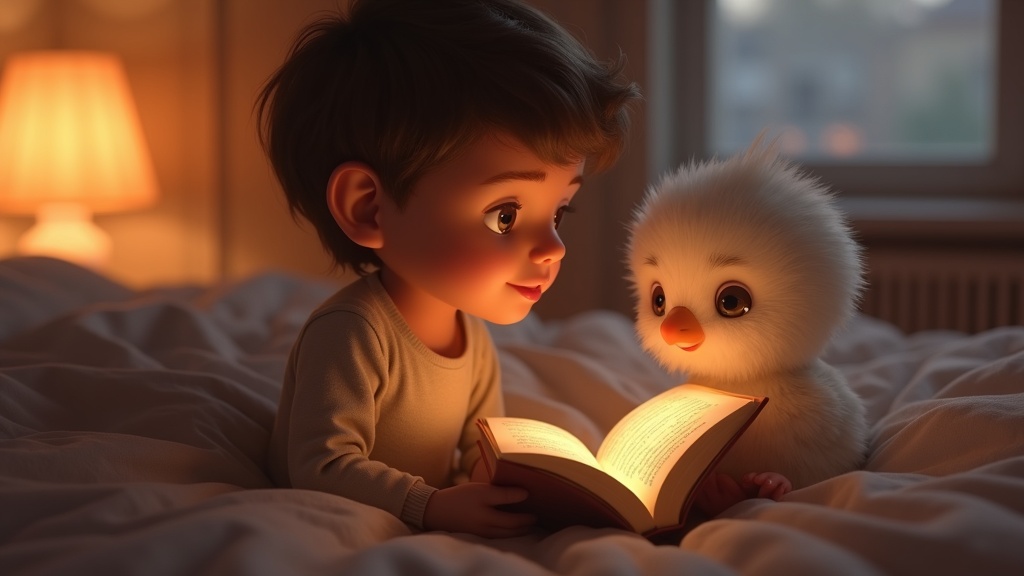 Eine gemütlich leuchtende Nachttischlampe beleuchtet einen kleinen Plüschfuchs in einem abgedunkelten Kinderzimmer.