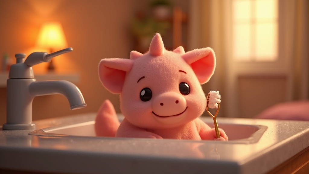 Ein Plüschdrache sitzt neben einer Zahnbürste am Waschbecken im warmen Licht