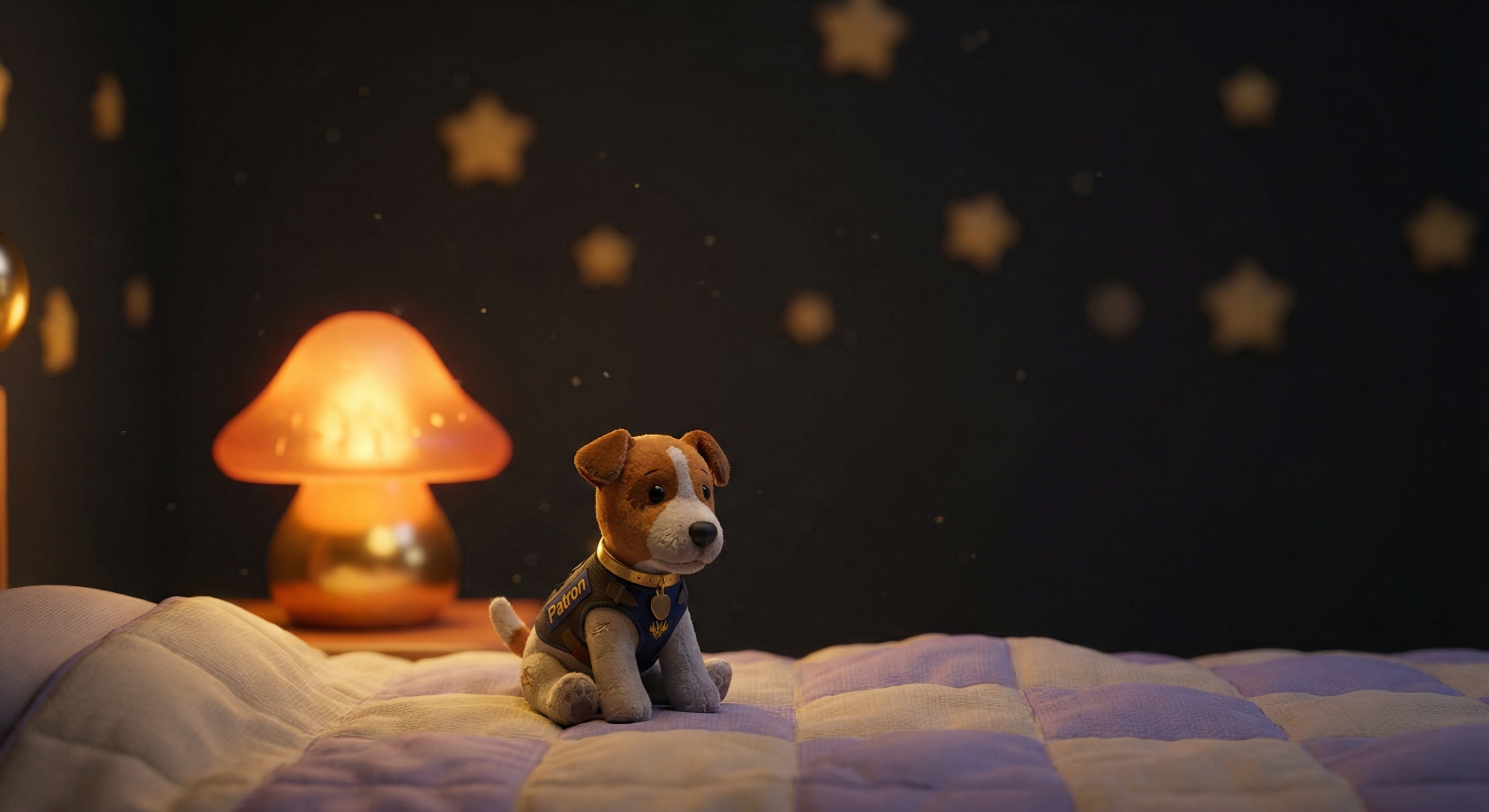 Eine warme Nachttischlampe beleuchtet ein Kinderzimmer, in dem ein kleiner Stoffhund neben einem Kinderbett sitzt.
