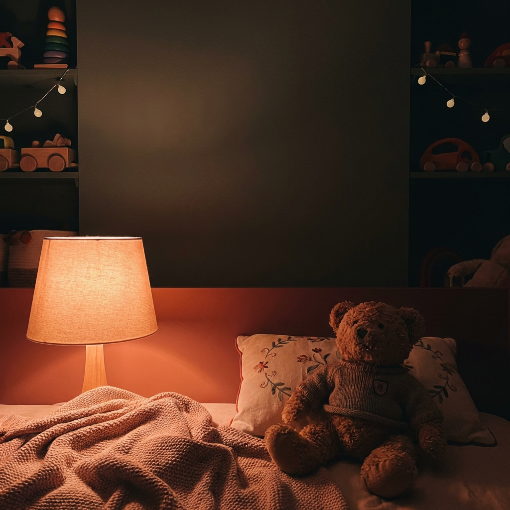 Ein gemütliches Kinderzimmer im warmen Licht einer Nachttischlampe, in dem ein Stoff-Adler neben einem Kissen liegt.
