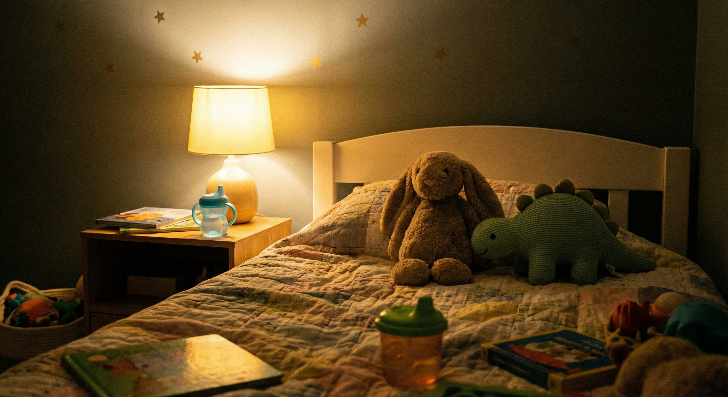 Ein Hase und ein grüner Dinosaurier als Kuscheltiere sitzen friedlich auf einem Bett im warmen Licht einer Nachttischlampe, keine Menschen.