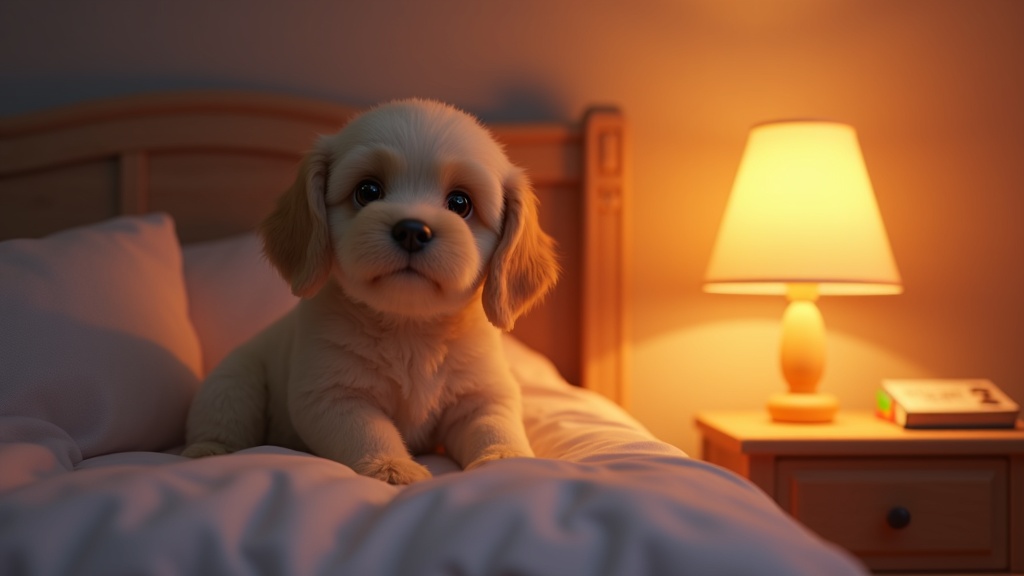 Plüschhund Patron sitzt auf einem Kinderbett im warmen Licht einer Nachttischlampe, neben einem Bilderbuch.