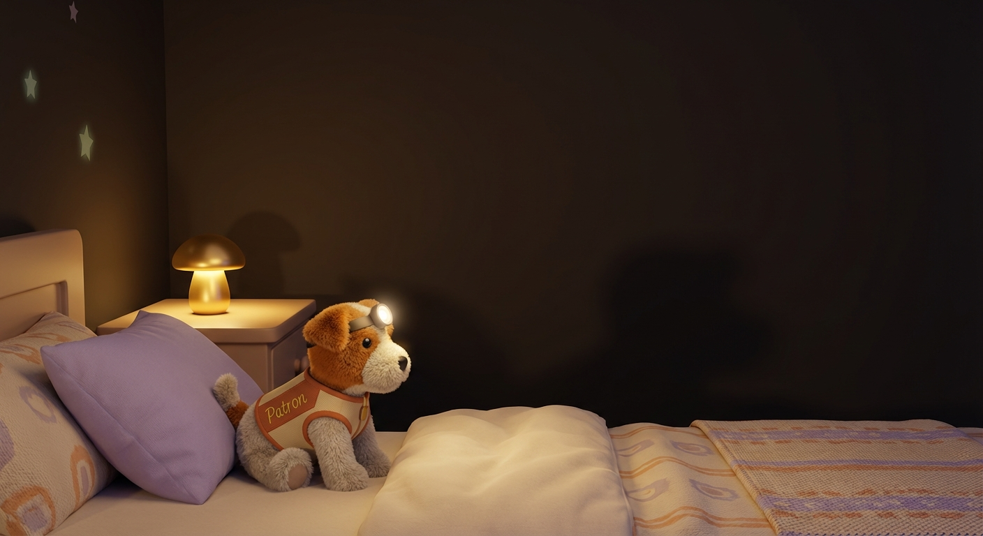 Plüschhund Patron beschützt das Kinderzimmer im sanften Licht der Nachtlampe