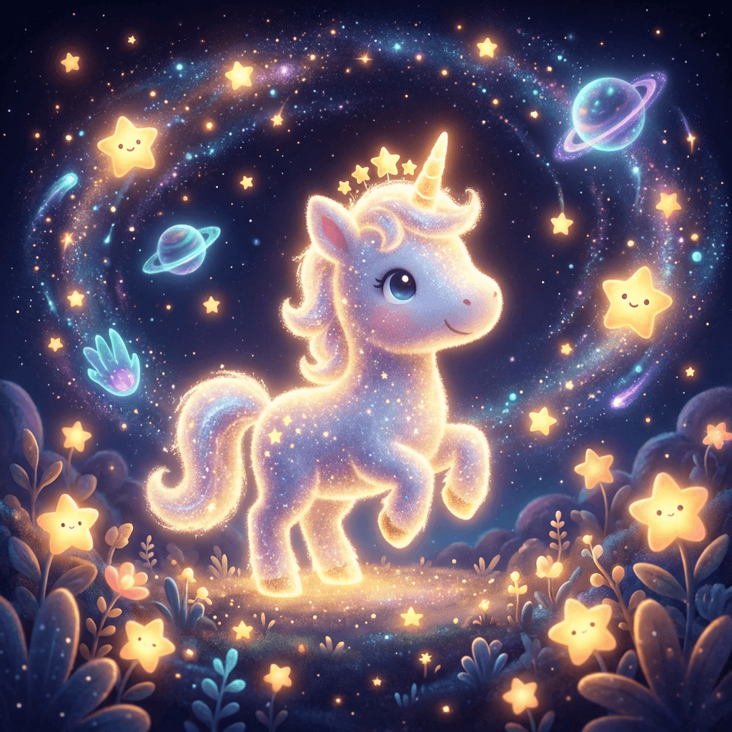 Einhorn Sternchen umgeben von magischen Sternen, gemütliches Licht