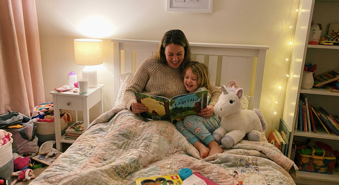Eine Mutter sitzt im gemütlichen Kinderzimmer und liest ihrer Tochter aus einem Buch vor, während ein weisses Kuschel-Einhorn neben ihr liegt.