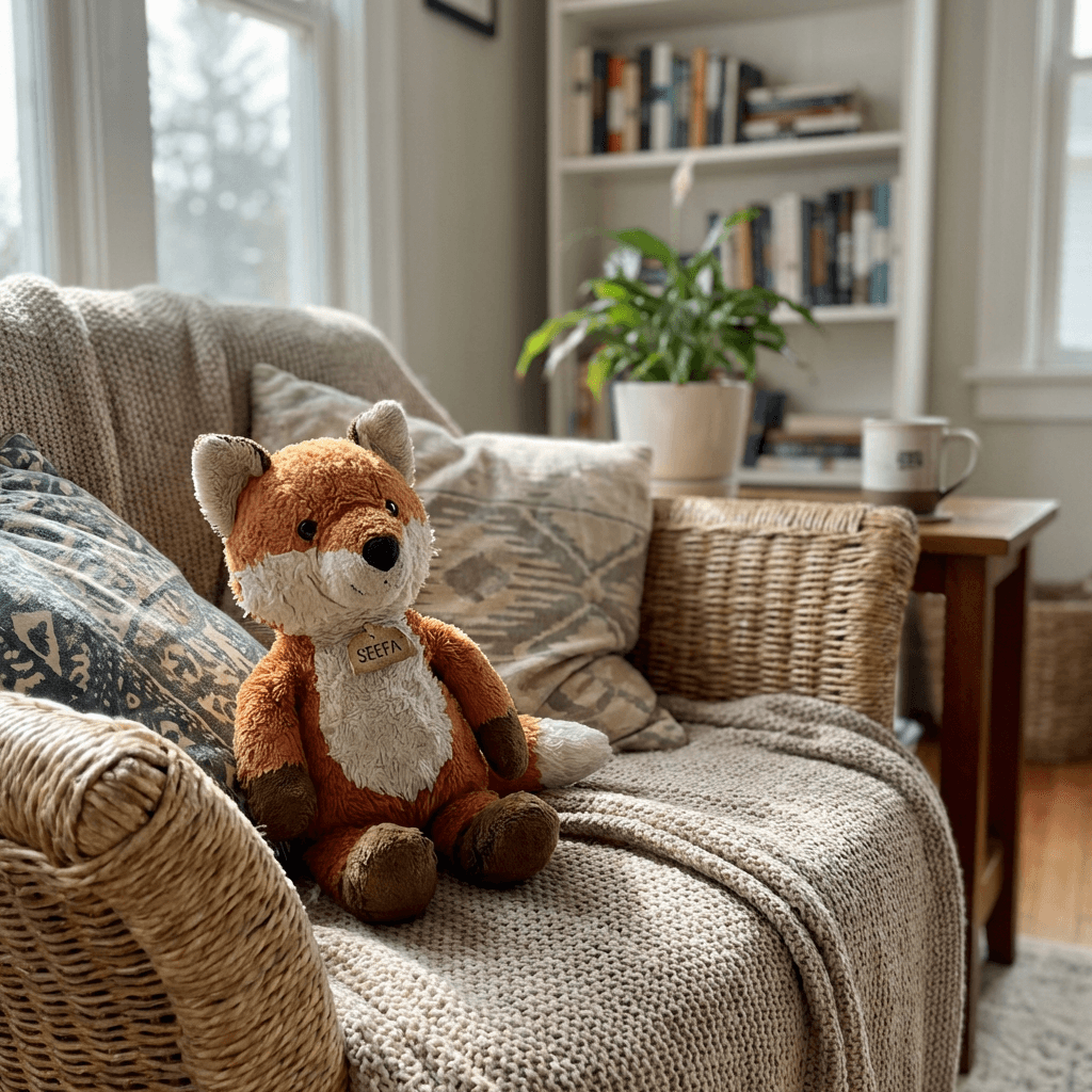 Eine gemütliche Szene im Kinderzimmer bei der Grossmutter mit einer warmen Nachttischlampe und einem kleinen Kuschelfuchs auf dem Kissen.