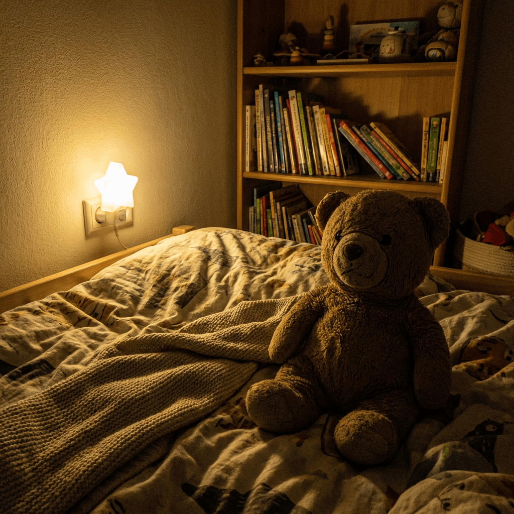 Eine gemütliche Szene im Kinderzimmer mit einem Teddybär auf einem Stuhl neben einem Bücherstapel unter warmem Licht.