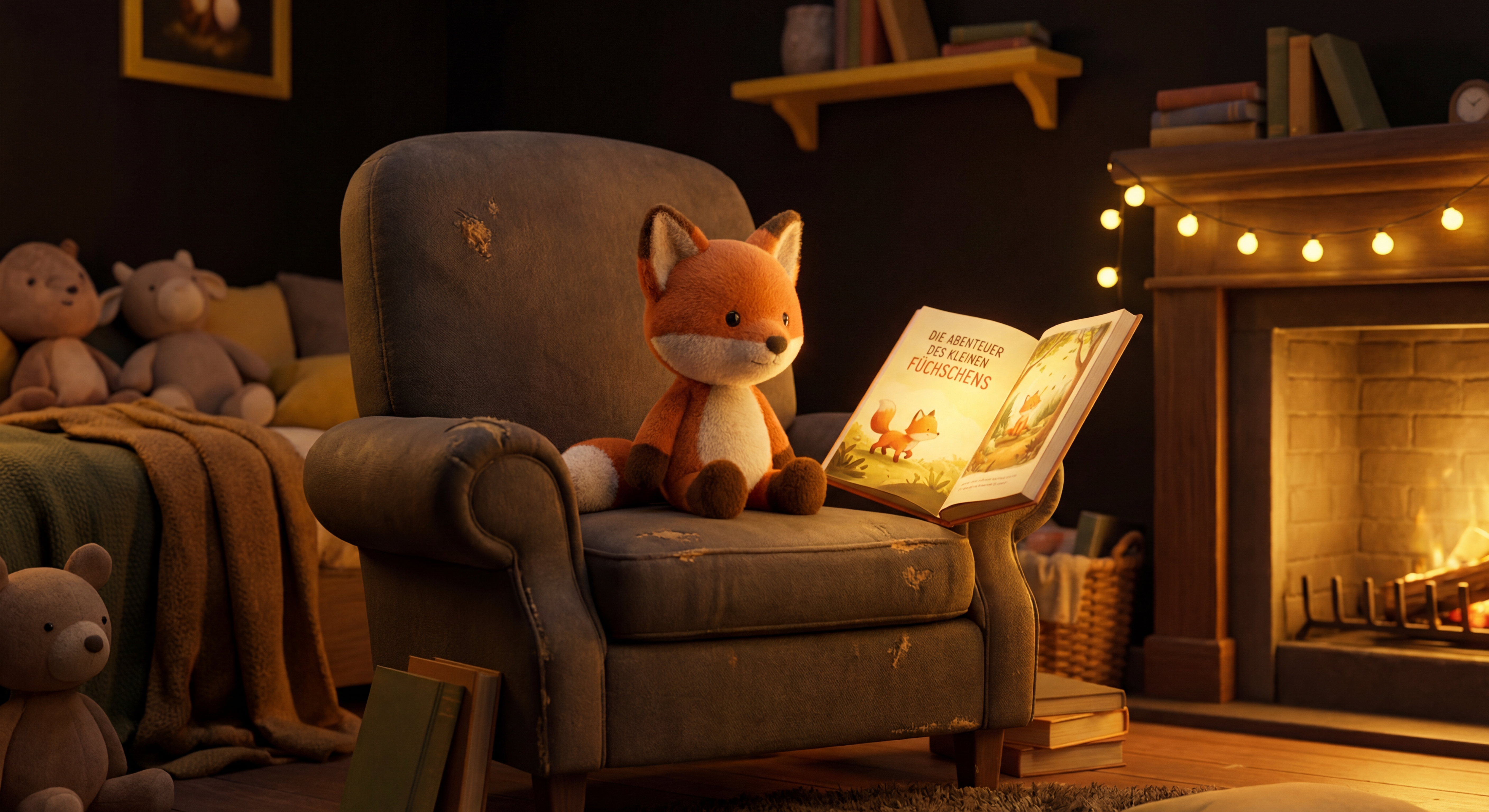 Ein kleiner Plüschfuchs sitzt auf einem gemütlichen Sessel in einem warm erleuchteten Zimmer, daneben ein aufgeschlagenes Kinderbuch