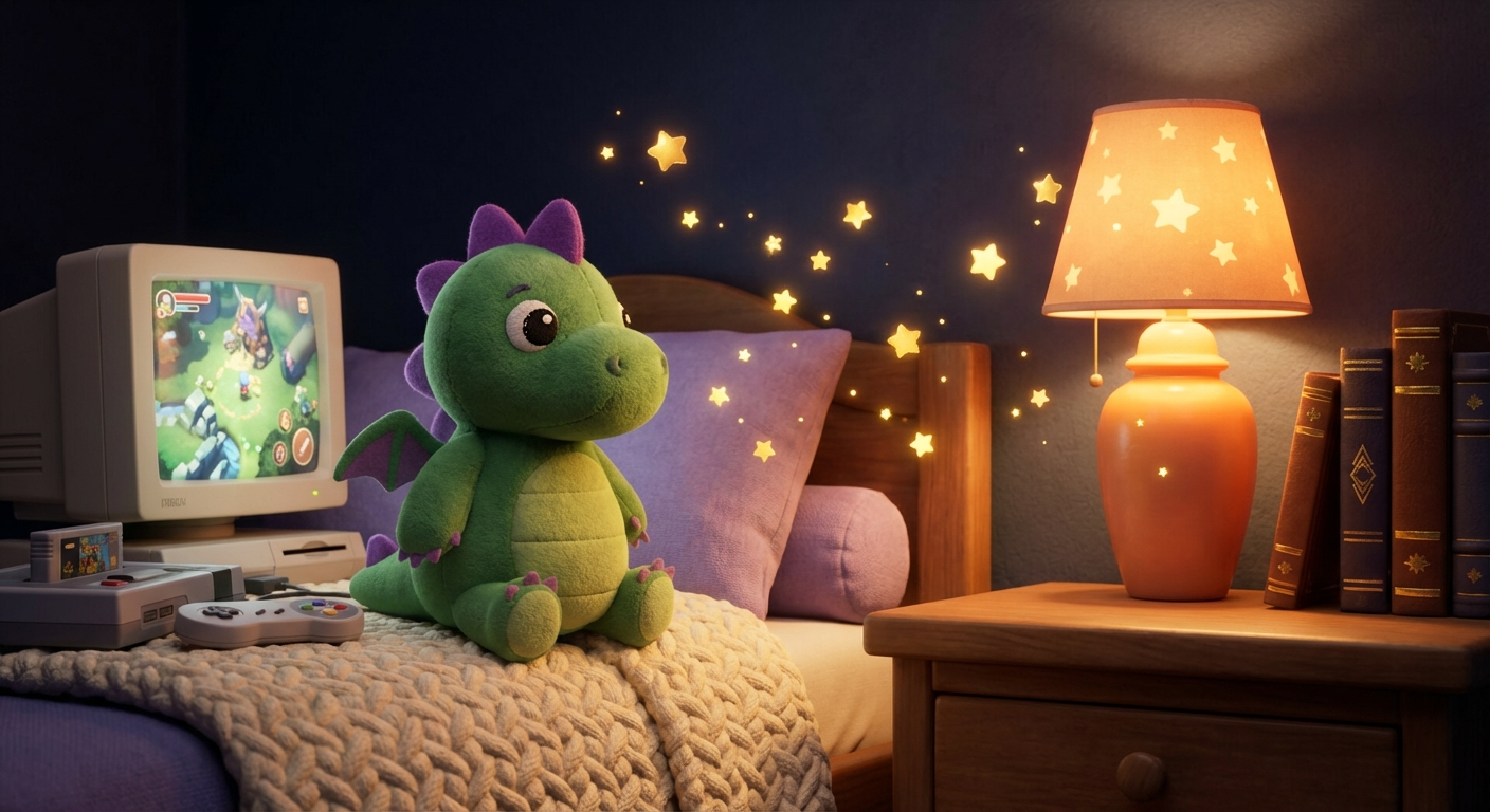 Ein grüner Plüschdrache sitzt vor einem Computerbildschirm mit einer Spielekonsole, umgeben von goldenen Sternen im warmen Licht einer Nachttischlampe
