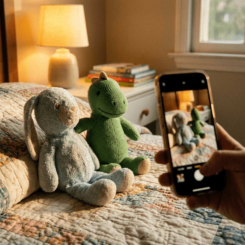 Zwei Kuscheltiere — ein Hase und ein Dino — sitzen friedlich nebeneinander auf einem Bett, warmes Licht der Nachttischlampe