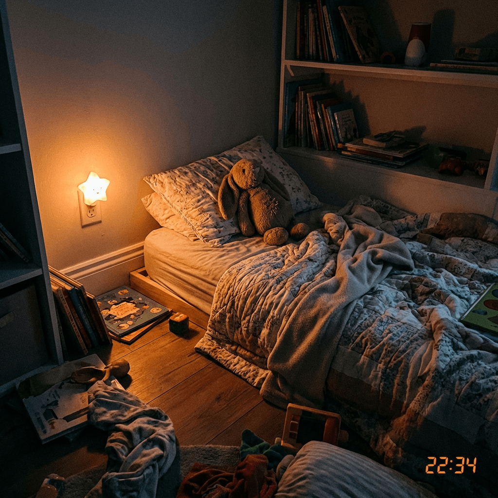 Ein muedes Kind im Bett mit Kuscheltieren