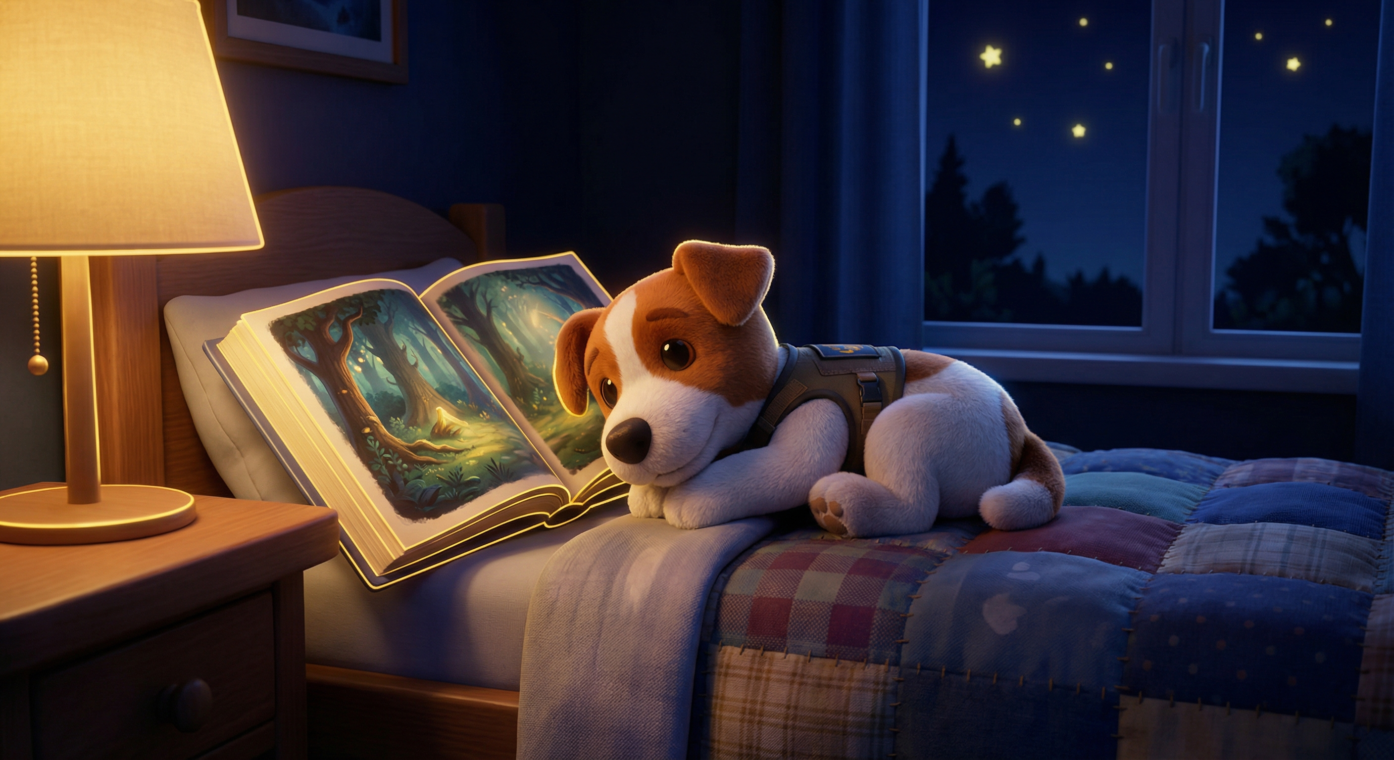 Plüschhund Patron liegt auf einem Bett mit einem aufgeschlagenen Märchenbuch, warmes Licht der Nachttischlampe.