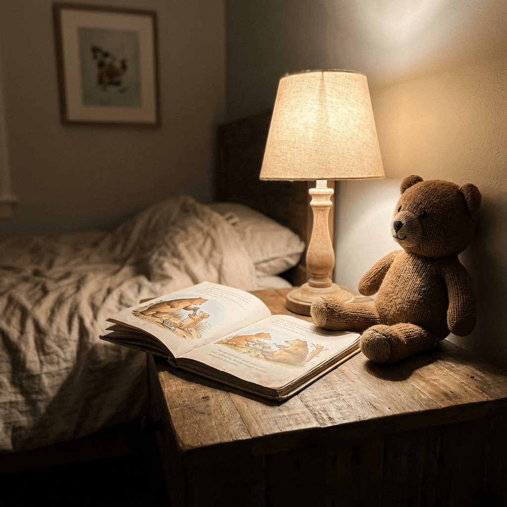 Ein Kind schaut begeistert ein Bilderbuch mit seinem Baeren an