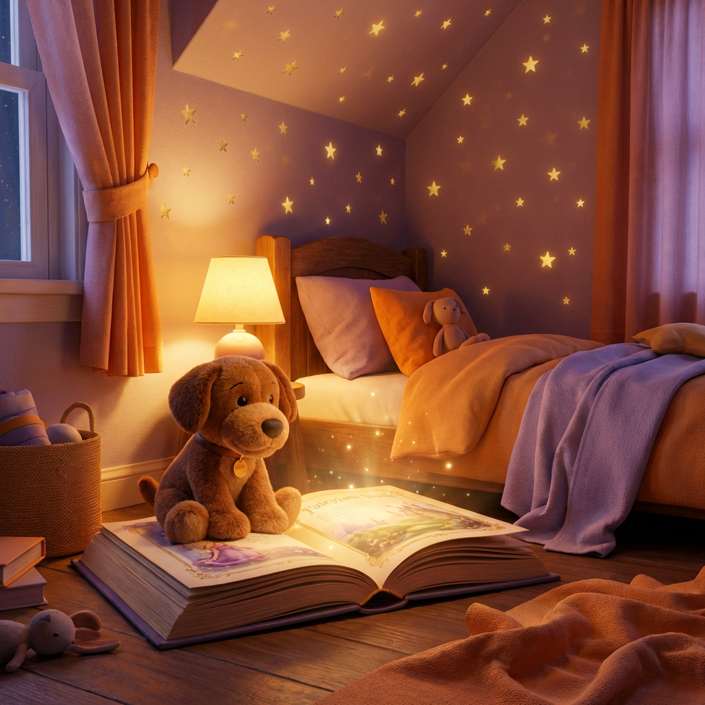 Ein gemütliches Kinderzimmer im goldenen Licht einer Nachttischlampe, ein brauner Stoffhund namens Patron sitzt friedlich auf einem kleinen Kissen.