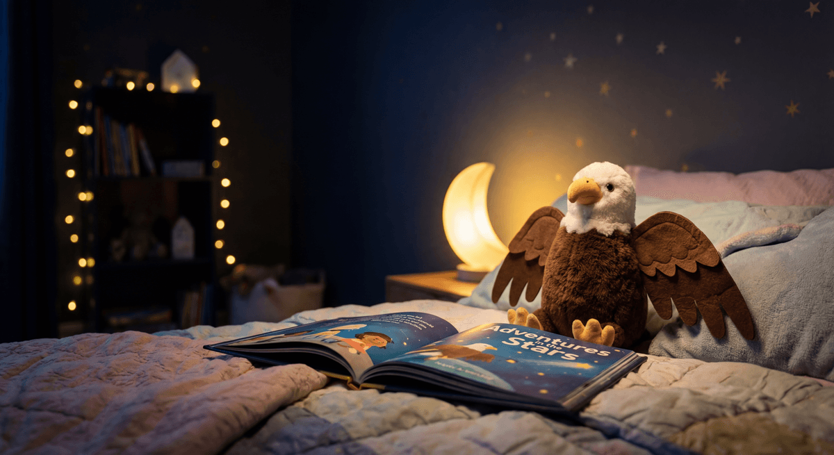 Ein gemütlich beleuchtetes Kinderzimmer am Abend. Ein Plüschadler sitzt neben einem aufgeschlagenen Märchenbuch auf dem Bett.