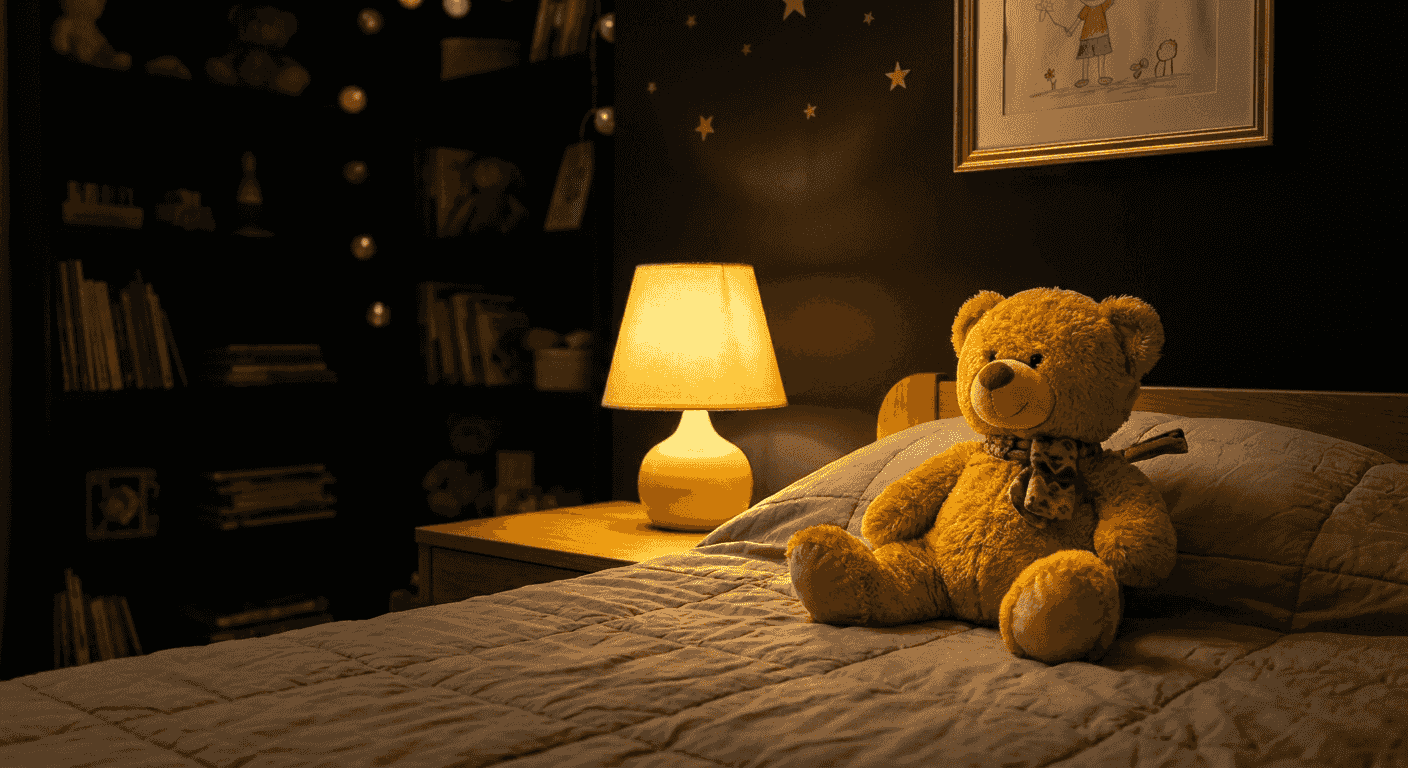 Gemütliches Kinderzimmer im Abendlicht mit Plüschbär auf dem Bett