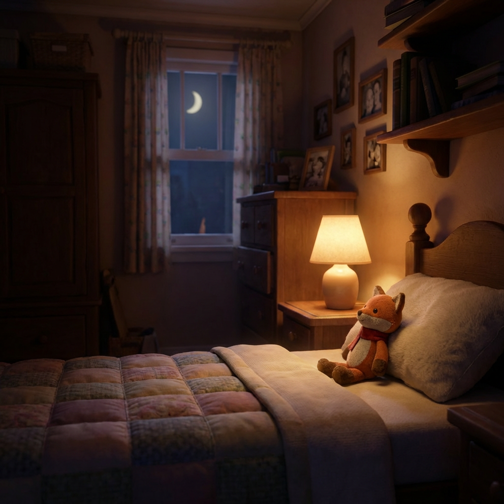 Ein gemütlich beleuchtetes Kinderzimmer bei der Grossmutter mit einem kleinen Plüschfuchs auf dem Nachttisch