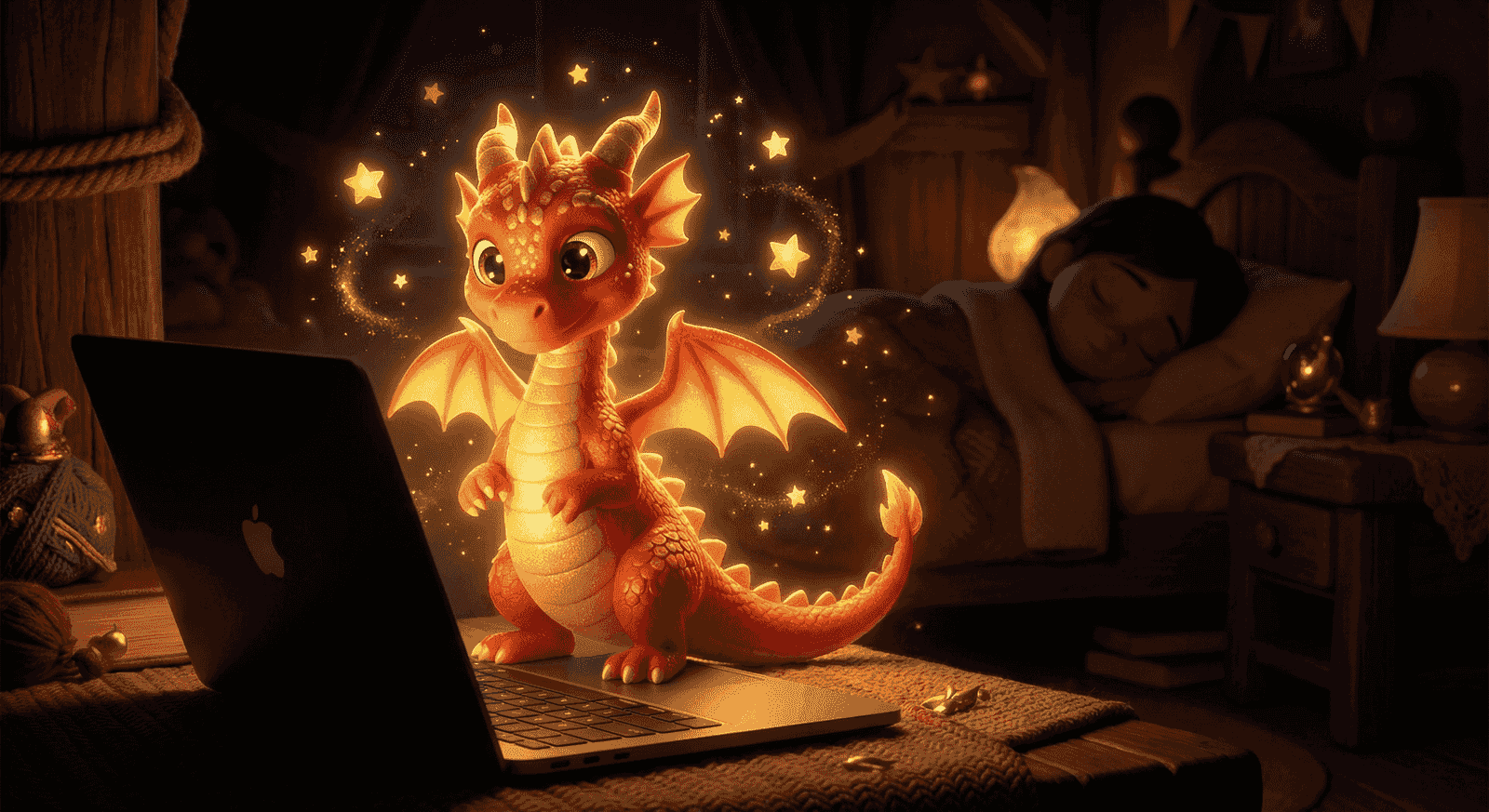Drache Funki sitzt auf einem Laptop, umgeben von goldenen Sternen, während Emma schläft.