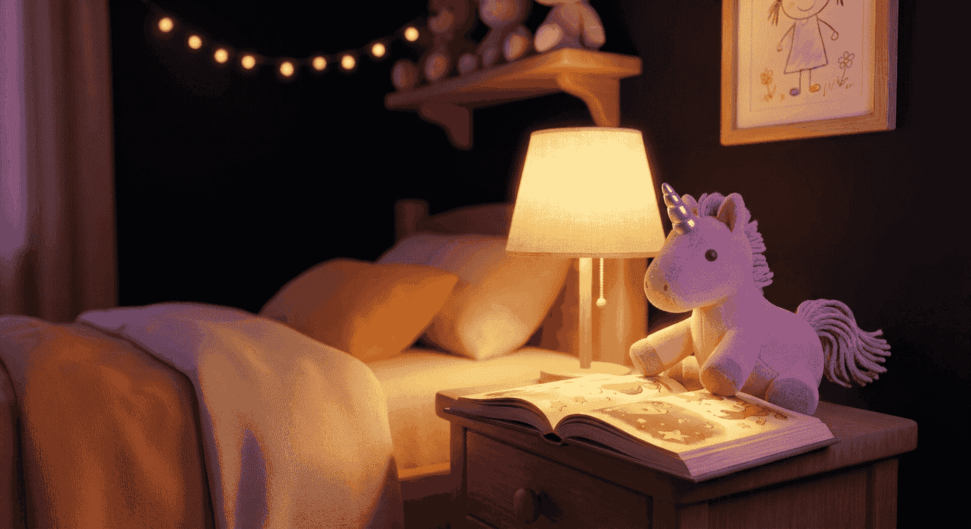 Ein gemütliches Kinderzimmer am Abend, ein Plüscheinhorn sitzt auf einem aufgeschlagenen Buch im warmen Licht einer Nachttischlampe