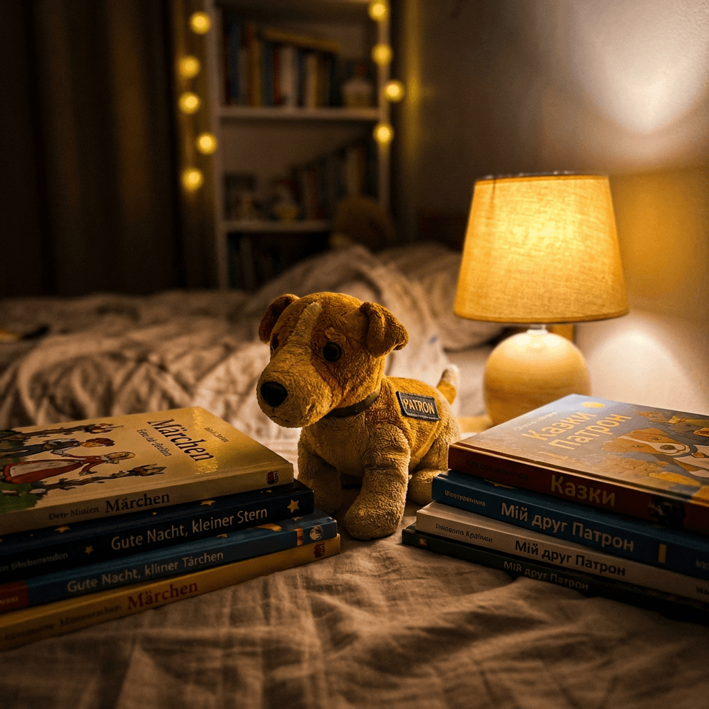 Der Plüschhund Patron liegt auf einem Kinderbett zwischen deutschen und ukrainischen Büchern, warmes Licht der Nachttischlampe