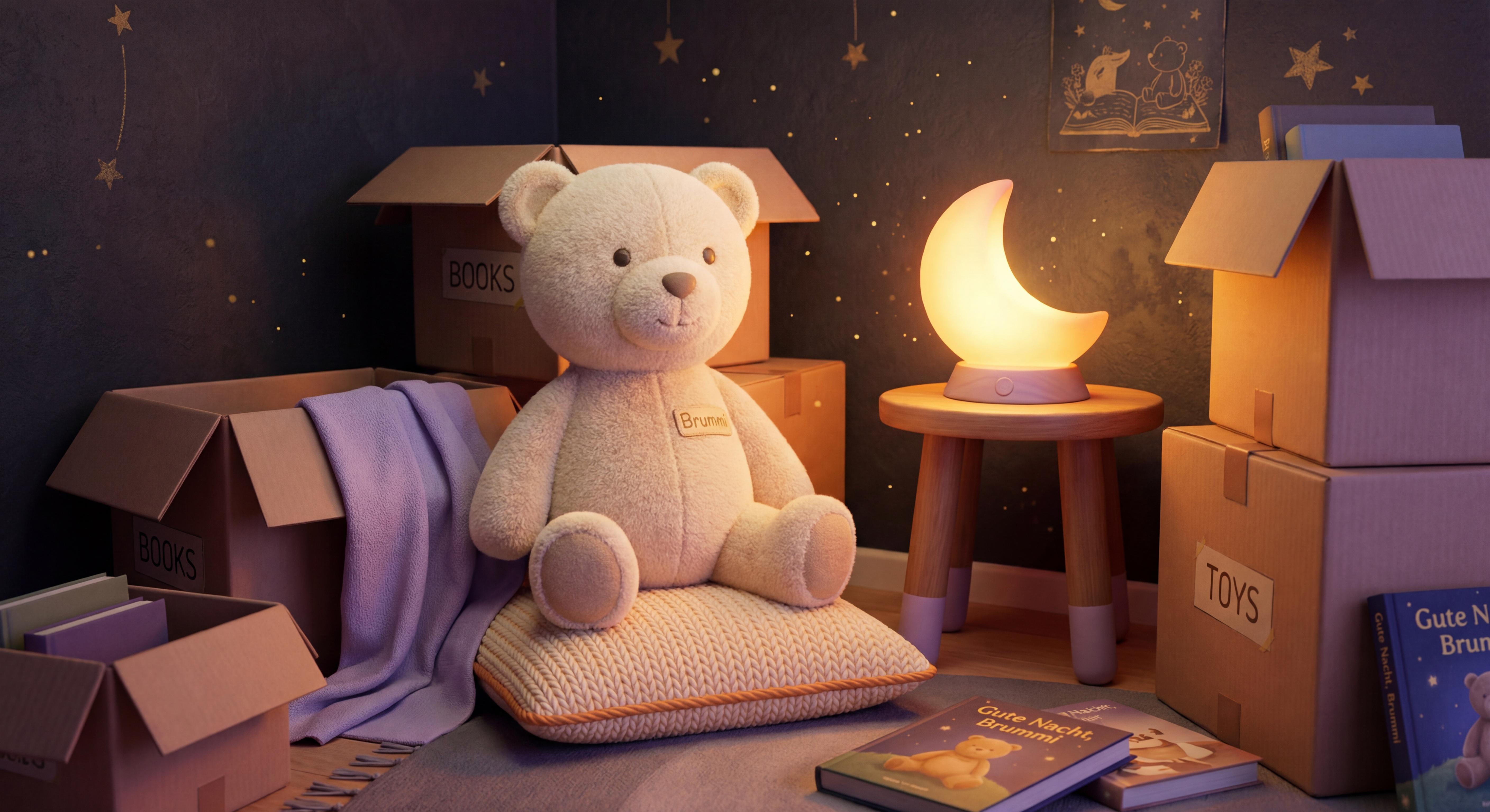 Ein kleiner Plüschbär sitzt auf einem Kissen im neuen Kinderzimmer, umgeben von Umzugskartons und warmem Licht einer Nachttischlampe
