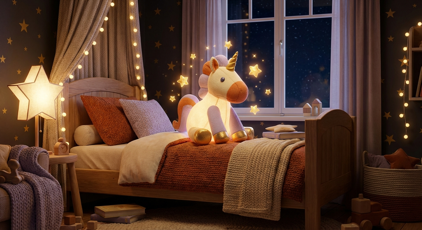 Ein magisches weisses Einhorn-Kuscheltier leuchtet sanft im dunklen, gemütlichen Kinderzimmer.