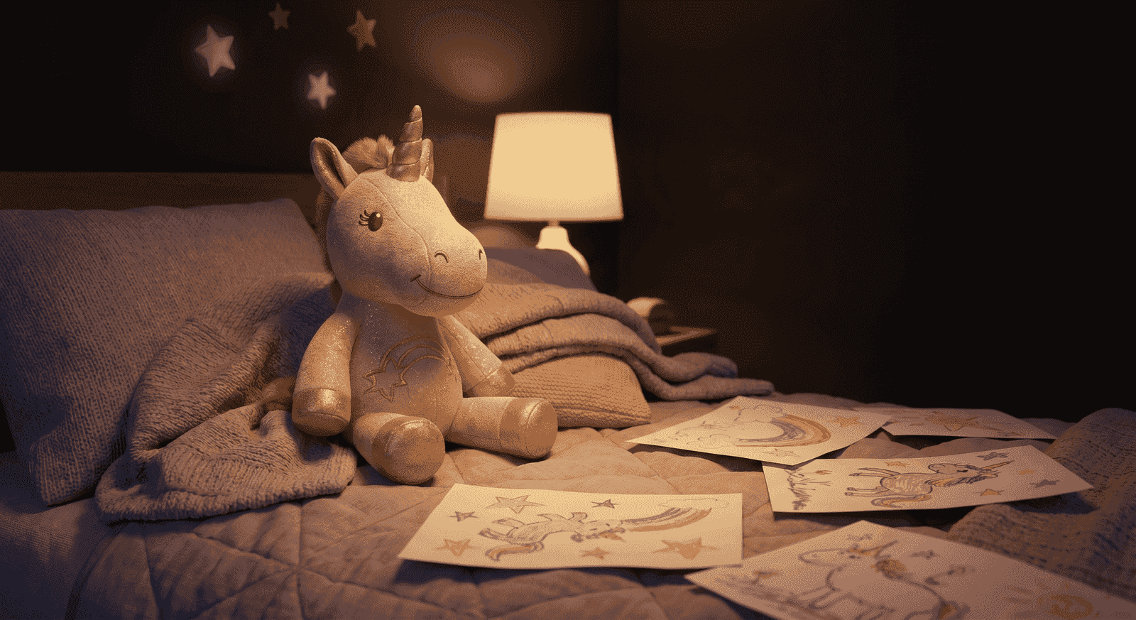 Ein gold-glänzendes Einhorn-Kuscheltier auf einem Kinderbett im warmen Licht der Nachttischlampe, umgeben von bunten Zeichnungen.