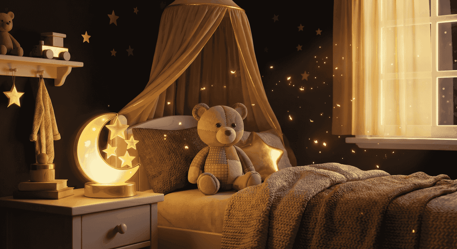 Ein gemütliches Kinderzimmer am Abend, beleuchtet von einer warmen Nachttischlampe, mit einem Teddybär auf dem Bett.