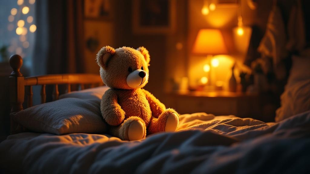 Bär Brummi sitzt in gemütlichem Licht auf einem Kinderbett