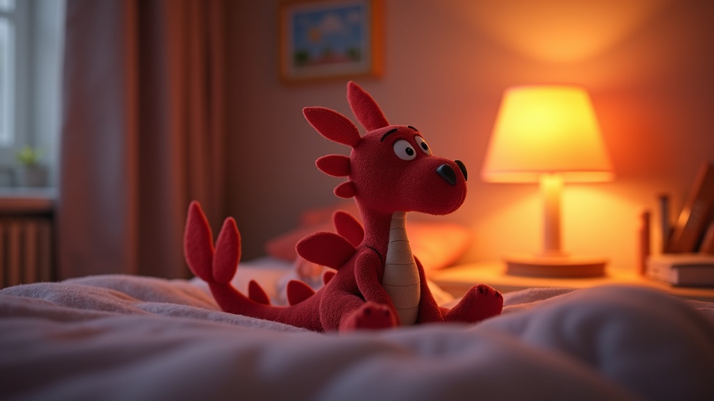 Ein roter Stoffdrache sitzt auf einem Kinderbett im gemütlichen Licht einer Nachttischlampe